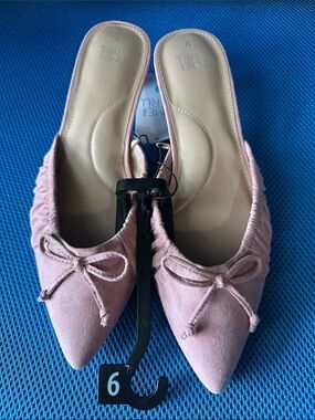 NWT Time and Tru Blush Pink Suede Pointed-Toe Bow Kitten Mule 👑